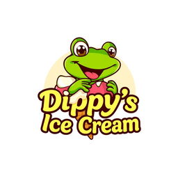 A logo design for 'Dippy's Ice Cream' featuring a whimsical green tree frog joyfully eating an ice cream cone
