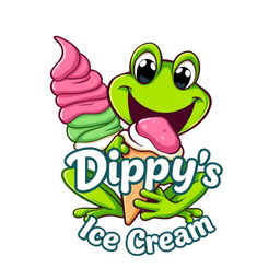 A logo design for 'Dippy's Ice Cream' featuring a whimsical green tree frog joyfully eating an ice cream cone