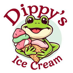 A logo design for 'Dippy's Ice Cream' featuring a whimsical green tree frog joyfully eating an ice cream cone