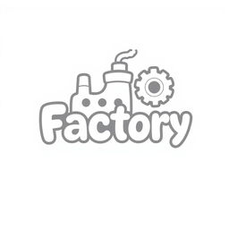 A white cartoon-style logo design for a factory, featuring playful and modern elements, incorporating gears or machinery in a whimsical way