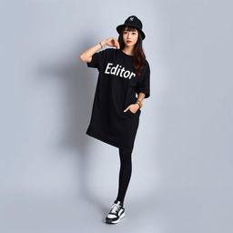 A beautiful Korean woman posing elegantly and attractively, wearing a long black t-shirt with the humorous text 'Editor', paired with stylish sneakers and a black hip-hop hat