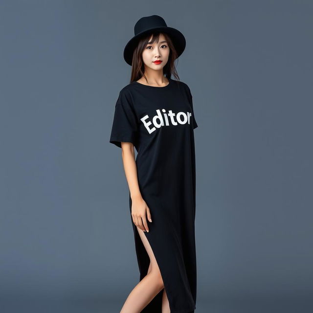 A beautiful Korean woman posing elegantly and attractively, wearing a long black t-shirt with the humorous text 'Editor', paired with stylish sneakers and a black hip-hop hat