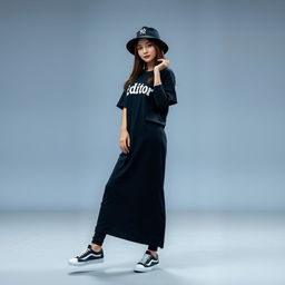 A beautiful Korean woman posing elegantly and attractively, wearing a long black t-shirt with the humorous text 'Editor', paired with stylish sneakers and a black hip-hop hat