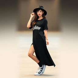 A beautiful Korean woman posing elegantly and attractively, wearing a long black t-shirt with the humorous text 'Editor', paired with stylish sneakers and a black hip-hop hat