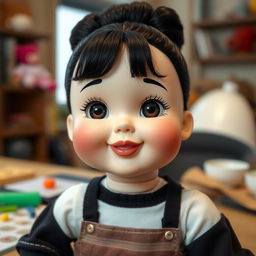 A delightful doll with big cheeks and smiling lips, featuring bare updo hair styled in a neat fashion, with jet black color