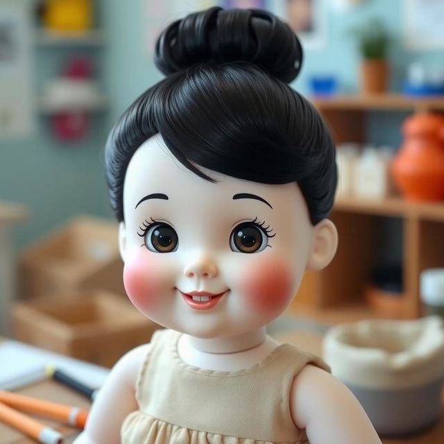 A delightful doll with big cheeks and smiling lips, featuring bare updo hair styled in a neat fashion, with jet black color