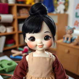 A delightful doll with big cheeks and smiling lips, featuring bare updo hair styled in a neat fashion, with jet black color