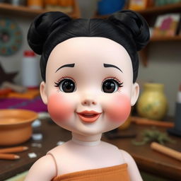 A delightful doll with big cheeks and smiling lips, featuring bare updo hair styled in a neat fashion, with jet black color