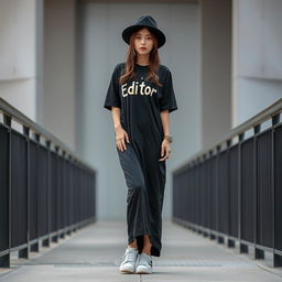 A beautiful Korean woman posing elegantly and attractively while wearing a long black t-shirt with the humorous text 'Editor' printed on it