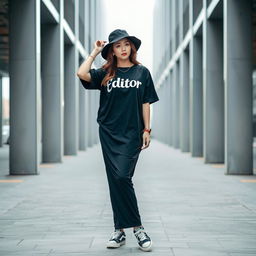 A beautiful Korean woman posing elegantly and attractively while wearing a long black t-shirt with the humorous text 'Editor' printed on it
