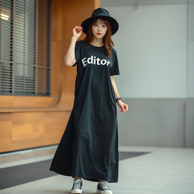 A beautiful Korean woman posing elegantly and attractively while wearing a long black t-shirt with the humorous text 'Editor' printed on it