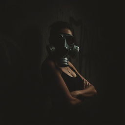 A woman wearing a gas mask, her full face obscured behind the mask, stands confidently next to a textured urban wall