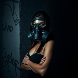 A woman wearing a gas mask, her full face obscured behind the mask, stands confidently next to a textured urban wall