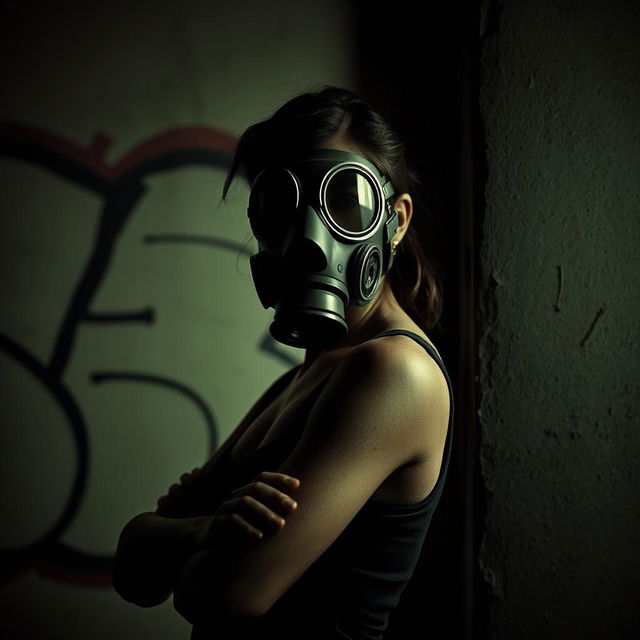 A woman wearing a gas mask, her full face obscured behind the mask, stands confidently next to a textured urban wall