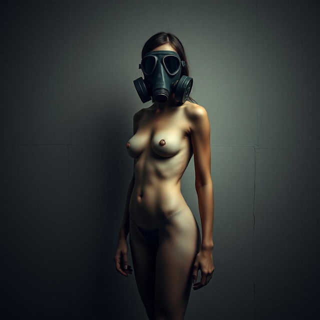 A female figure with a slim build, standing against a textured wall, wearing a full-face gas mask that adds an eerie yet intriguing vibe