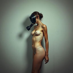 A female figure with a slim build, standing against a textured wall, wearing a full-face gas mask that adds an eerie yet intriguing vibe