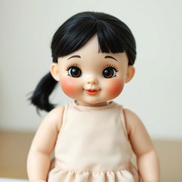 A delightful doll with big cheeks and smiling lips, featuring bare hair that is divided into two sections from the part of the head and tied elegantly at the back