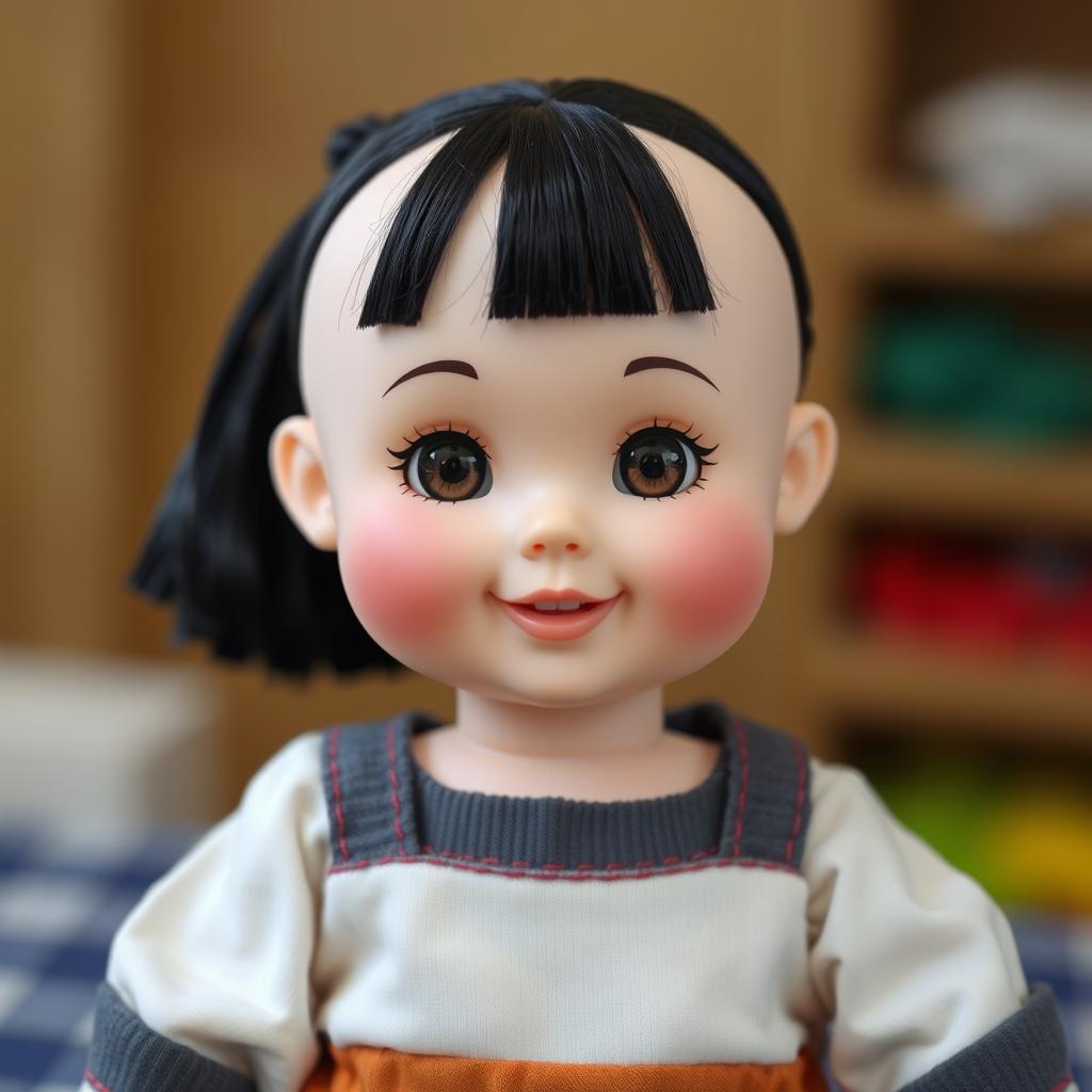 A delightful doll with big cheeks and smiling lips, featuring bare hair that is divided into two sections from the part of the head and tied elegantly at the back