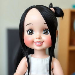 A delightful doll with big cheeks and smiling lips, featuring bare hair that is divided into two sections from the part of the head and tied elegantly at the back