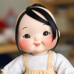 A delightful doll with big cheeks and smiling lips, featuring bare hair that is divided into two sections from the part of the head and tied elegantly at the back