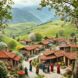 A picturesque and charming village scene that combines elements from Shoorab, Zovoor, and Mahmood Abad
