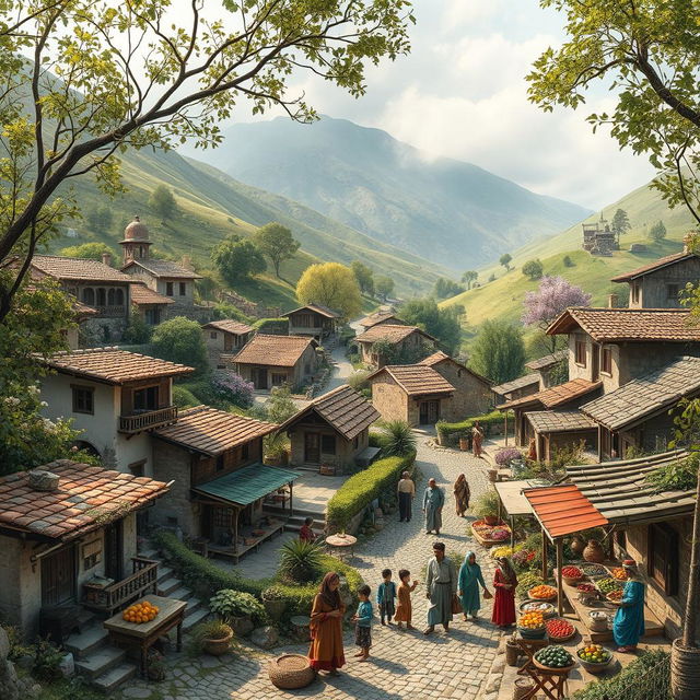 A picturesque and charming village scene that combines elements from Shoorab, Zovoor, and Mahmood Abad