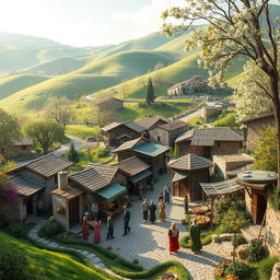 A picturesque and charming village scene that combines elements from Shoorab, Zovoor, and Mahmood Abad