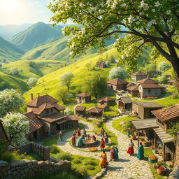 A picturesque and charming village scene that combines elements from Shoorab, Zovoor, and Mahmood Abad