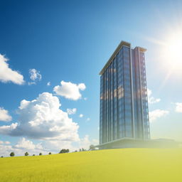 A beautiful tall building standing majestically in a lush green landscape, surrounded by a vibrant field of grass and scattered trees