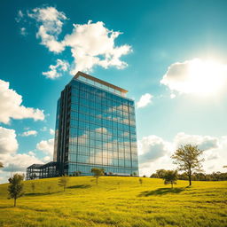 A beautiful tall building standing majestically in a lush green landscape, surrounded by a vibrant field of grass and scattered trees