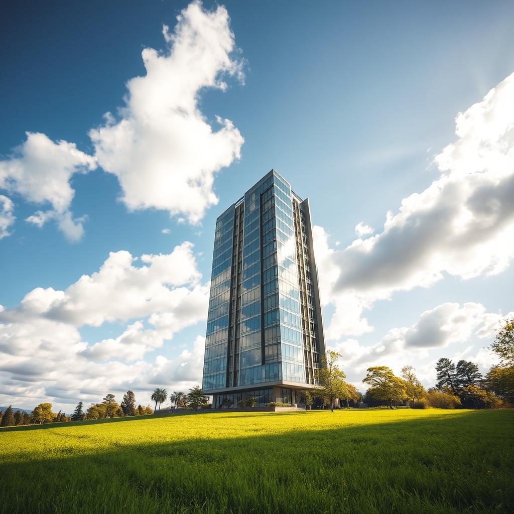 A beautiful tall building standing majestically in a lush green landscape, surrounded by a vibrant field of grass and scattered trees