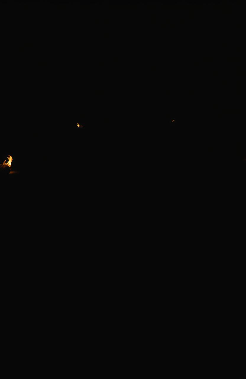 A serene river flowing through a dark landscape at night, with a velvety black background illuminated by flickering flames on both sides