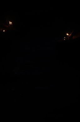 A serene river flowing through a dark landscape at night, with a velvety black background illuminated by flickering flames on both sides