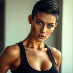 A strong and confident woman with a lean, muscular build and a stylish pixie cut
