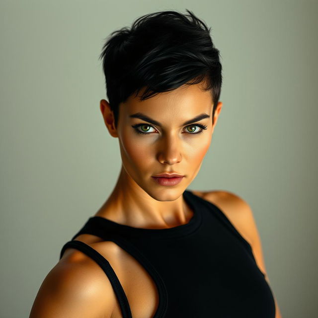 A strong and confident woman with a lean, muscular build and a stylish pixie cut