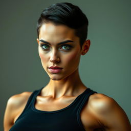 A strong and confident woman with a lean, muscular build and a stylish pixie cut