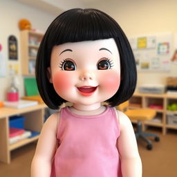 A delightful doll with big cheeks and smiling lips, featuring bare lob (long bob) hair in sleek black