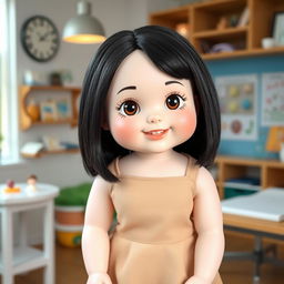 A delightful doll with big cheeks and smiling lips, featuring bare lob (long bob) hair in sleek black
