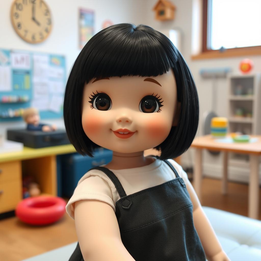 A delightful doll with big cheeks and smiling lips, featuring bare lob (long bob) hair in sleek black