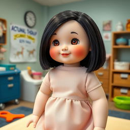 A delightful doll with big cheeks and smiling lips, featuring bare lob (long bob) hair in sleek black