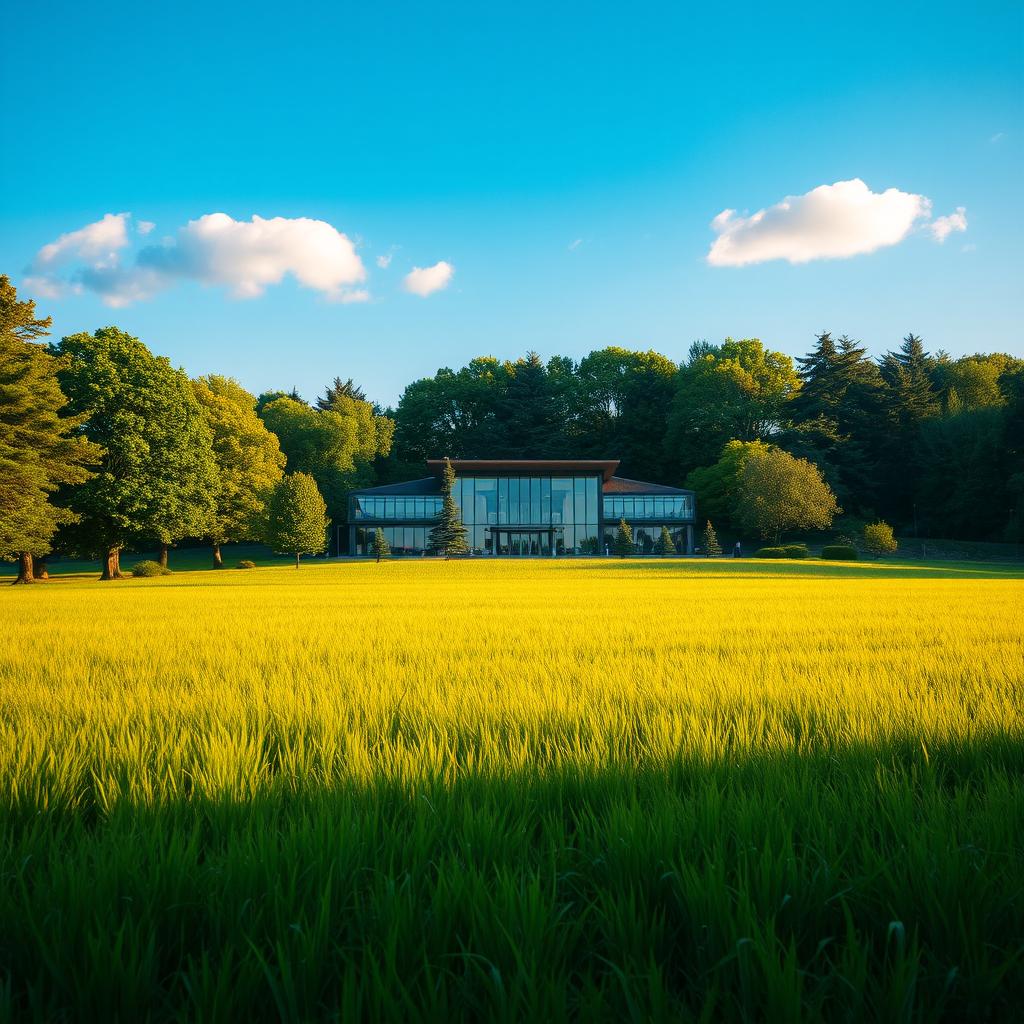 A striking building gracefully situated within a vibrant green landscape, surrounded by an expansive field of lush grass and various trees