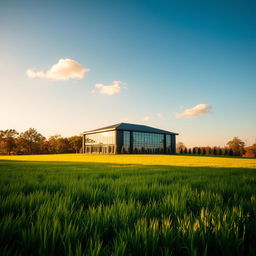 A striking building gracefully situated within a vibrant green landscape, surrounded by an expansive field of lush grass and various trees