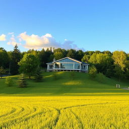 A striking building gracefully situated within a vibrant green landscape, surrounded by an expansive field of lush grass and various trees
