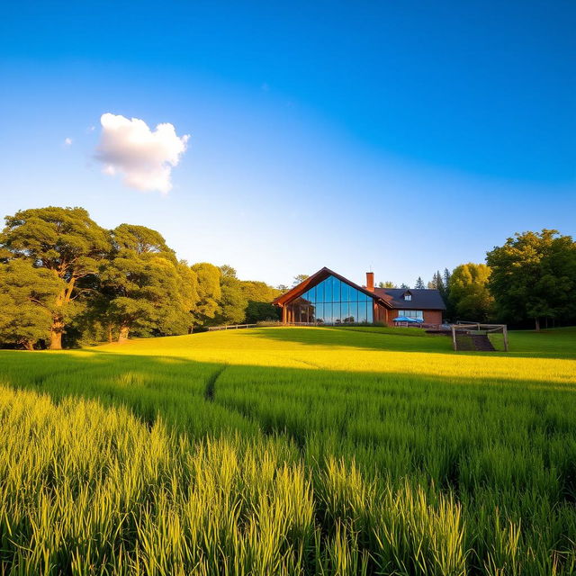 A striking building gracefully situated within a vibrant green landscape, surrounded by an expansive field of lush grass and various trees