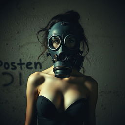 A surreal and artistic depiction of a woman with small breasts, wearing a full-face gas mask, standing against a textured wall