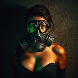 A surreal and artistic depiction of a woman with small breasts, wearing a full-face gas mask, standing against a textured wall