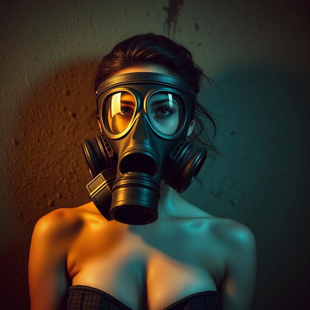 A surreal and artistic depiction of a woman with small breasts, wearing a full-face gas mask, standing against a textured wall