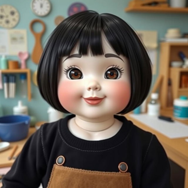 A full-body doll with big cheeks and smiling lips, featuring bare lob (long bob) hair in shiny black