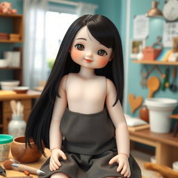 A full-body doll with big cheeks and smiling lips, featuring bare lob (long bob) hair in shiny black