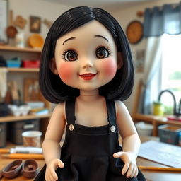 A full-body doll with big cheeks and smiling lips, featuring bare lob (long bob) hair in shiny black